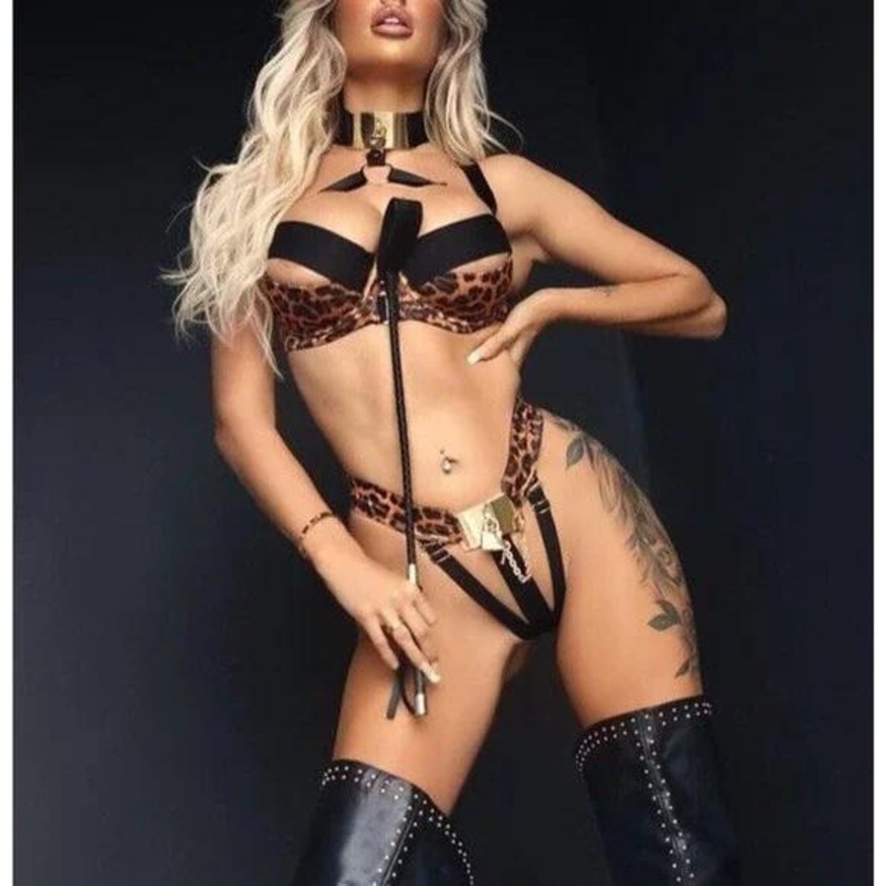 RARE 🔥 Honey Birdette CHASTITY 🐆🖤 Jaguar 3 Piece Set 34D, M Waspie, XS Brief